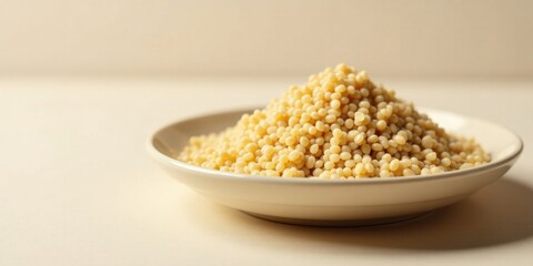 A plate of uncooked small pasta pieces, ready for cooking, sits on a pale background.