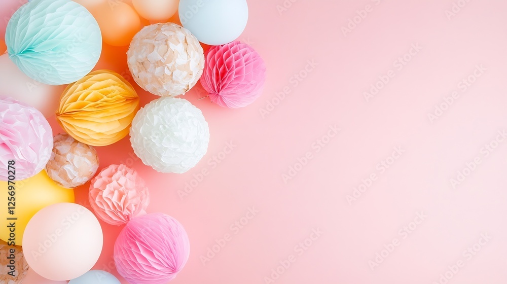 Poster multicolored decorative paper honeycomb balls arranged on soft pastel background for festive occasio