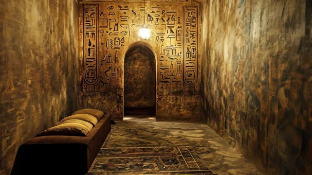 Explore an ancient corridor decorated with hieroglyphs in a dimly lit setting