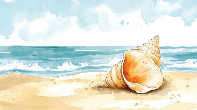 A serene beach scene featuring seashells on soft sand, with gentle waves lapping in the distance and clouds lazily drifting in a bright blue sky.
