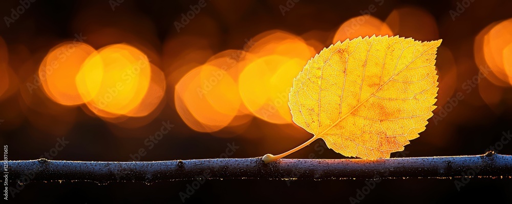 Poster autumn leaf on branch with bokeh lights backdrop