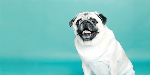 Happy Pug Dog with Playful Expression on Turquoise Background