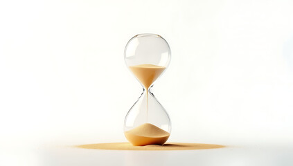 A simple 3D render of an hourglass with sand flowing, symbolizing time management and productivity, placed on a plain white background.