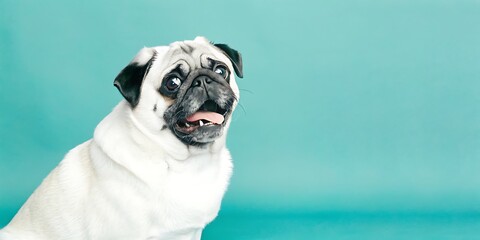 Happy Pug Dog with Playful Expression on Turquoise Background