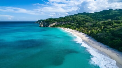 Fototapeta premium Aerial view of a tropical beach with turquoise waters and lush green hills showcasing nature's beauty : Generative AI