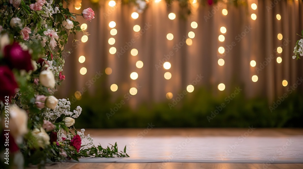 Poster Charming floral backdrop with twinkling lights creating an elegant and romantic setting for events : Generative AI