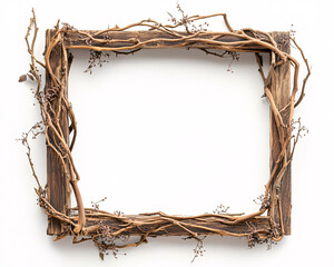 rustic wooden frame with dried twigs and vines on white background for autumn and fall design