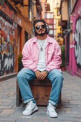Obraz premium Trendy Man in Pink Jacket and Headphones Sitting in Urban Alley