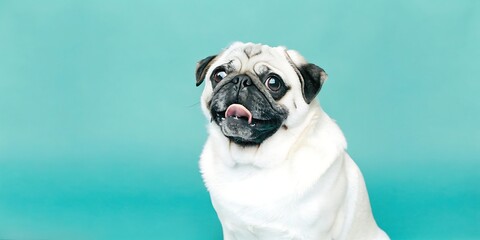 Happy Pug Dog with Playful Expression on Turquoise Background