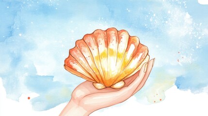 Fototapeta premium A vibrant illustration showcasing a hand gently holding an orange and yellow scallop shell against a soft blue watercolor background, evoking tranquility.