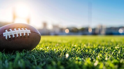 American football resting on vibrant green grass in a sunlit stadium symbolizing the spirit of sports : Generative AI