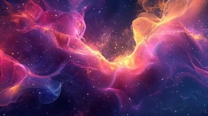 A vibrant cosmic scene showcasing swirling colors and stars in a nebula-like formation.