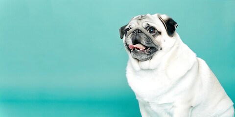 Happy Pug Dog with Playful Expression on Turquoise Background