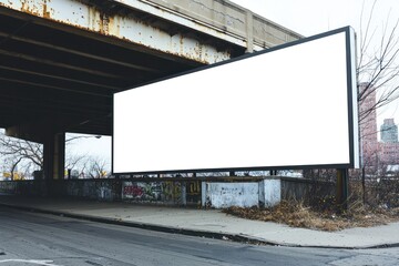 Obraz premium Blank white billboard on an overpass, daylight shining with greenery and trees around it.