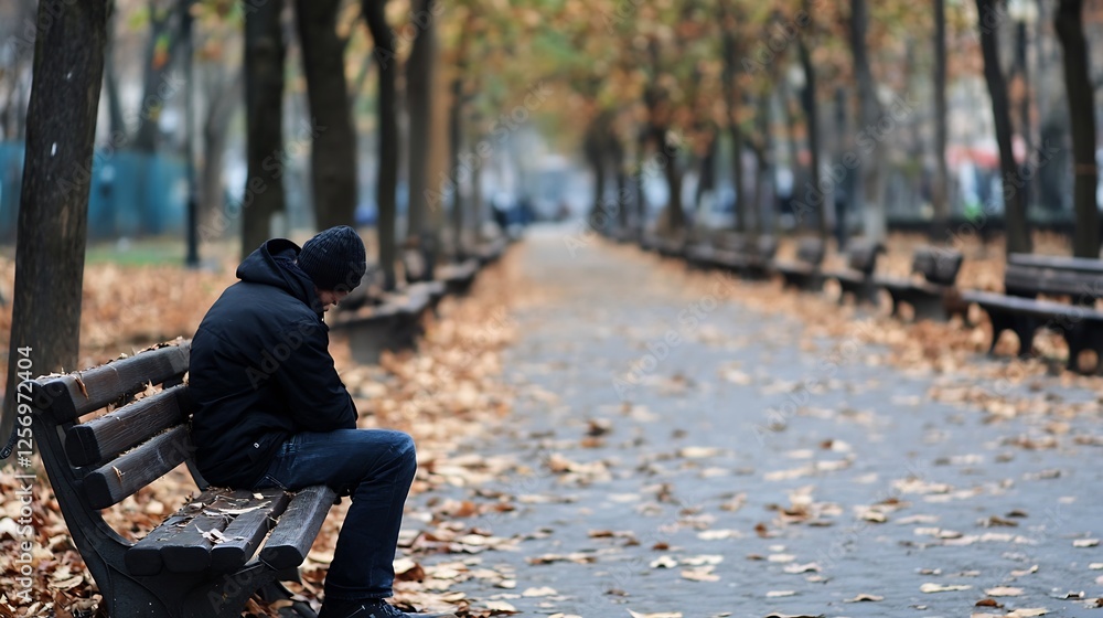Poster lonely man sitting on a bench surrounded by fallen leaves in a tranquil park : generative ai