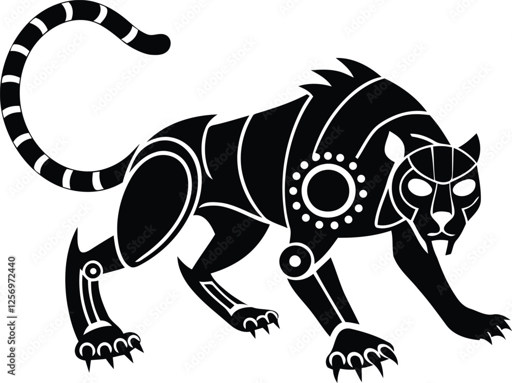 Poster modern robotic tiger in a fierce crouching pose isolated vector icon, robotic tiger in a fierce crou