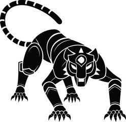 Modern robotic tiger in a fierce crouching pose isolated vector icon, robotic tiger in a fierce crouching pose silhouette vector art