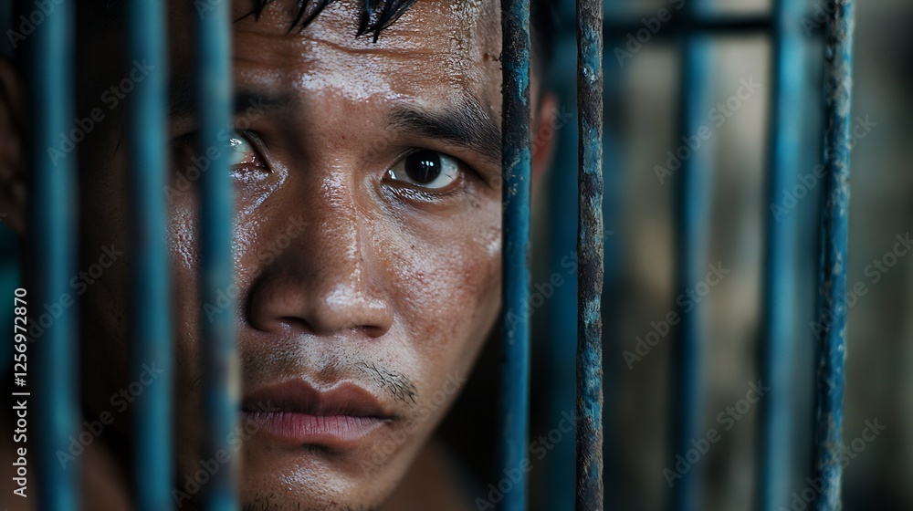 Poster emotional portrait of a man gazing through bars with a serious and contemplative expression : genera