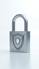 Fototapeta premium A simple 3D render of a padlock with a shield, symbolizing cybersecurity and data protection, placed on a plain white background.