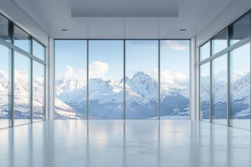 A large modern office with glass walls overlooking the snow-capped mountains. The interior is white and minimalist, with no furniture. 