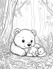cute childrens anime style bear in the woods with cubs coloring page black and white clean lines high dof 8k