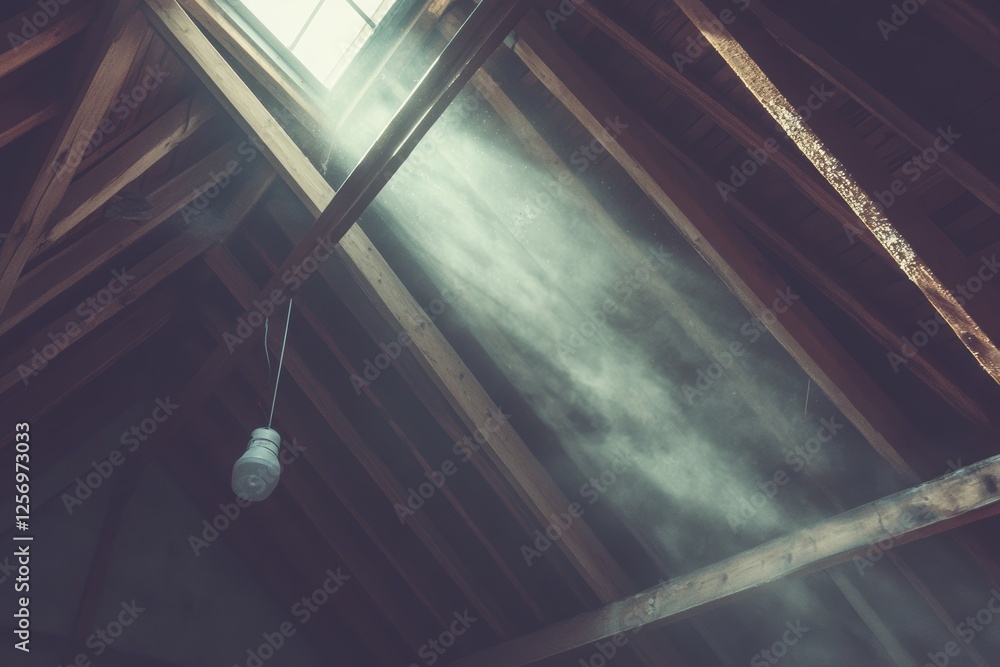 Poster sunlight filtering through attic beams creating ethereal atmosphere