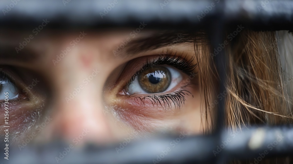 Poster CloseUp of Soulful Eyes Behind A Dark Fence Creating an Intense Atmosphere : Generative AI