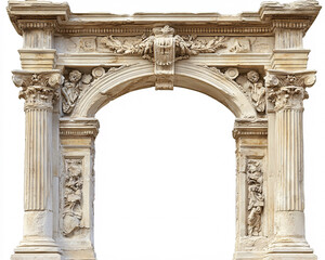 Obraz premium old ancient roman stone archway with detailed stone carvings isolated on white background
