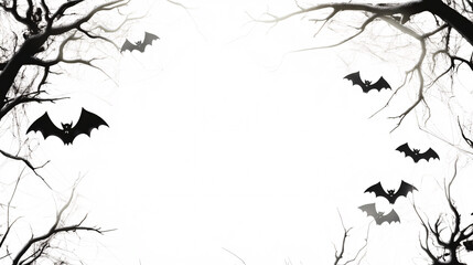 silhouettes of bats flying through bare branches against a white background halloween spooky october decoration scary