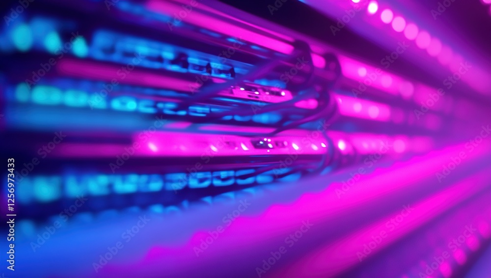 Poster exploring neon-lit server racks: a deep dive into data center aesthetics with vibrant hues and techn