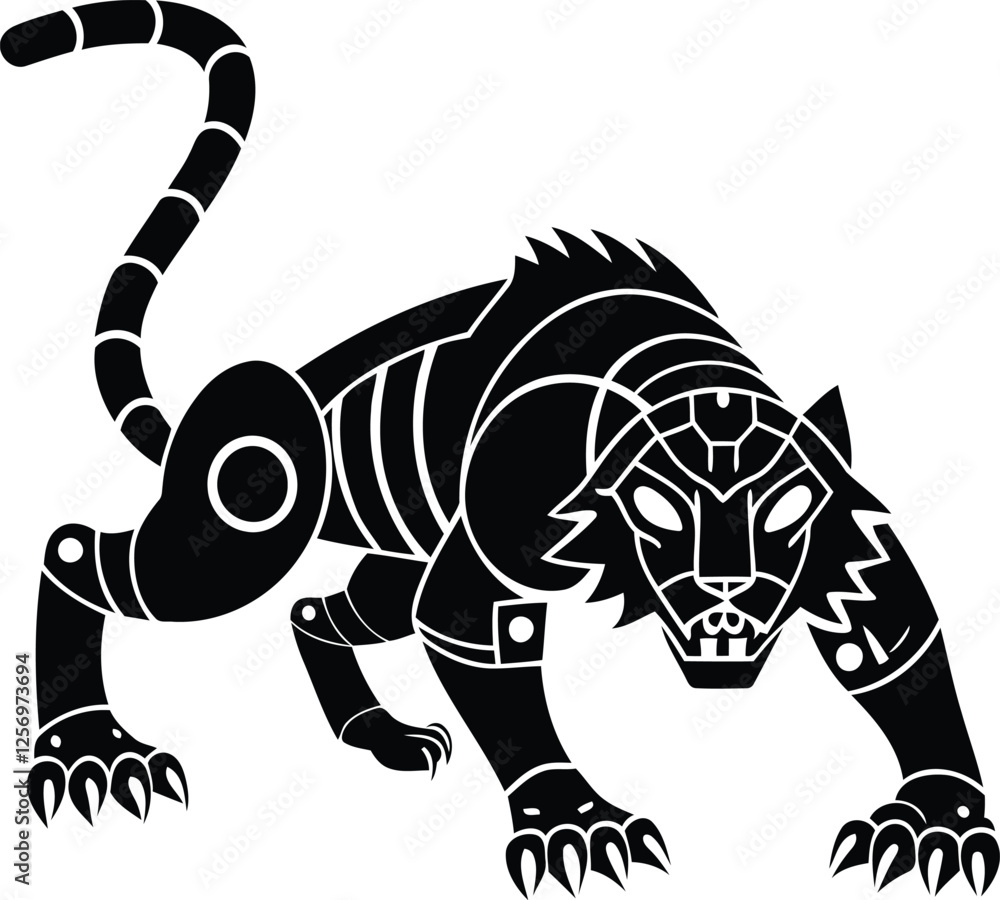 Poster modern robotic tiger in a fierce crouching pose isolated vector icon, robotic tiger in a fierce crou