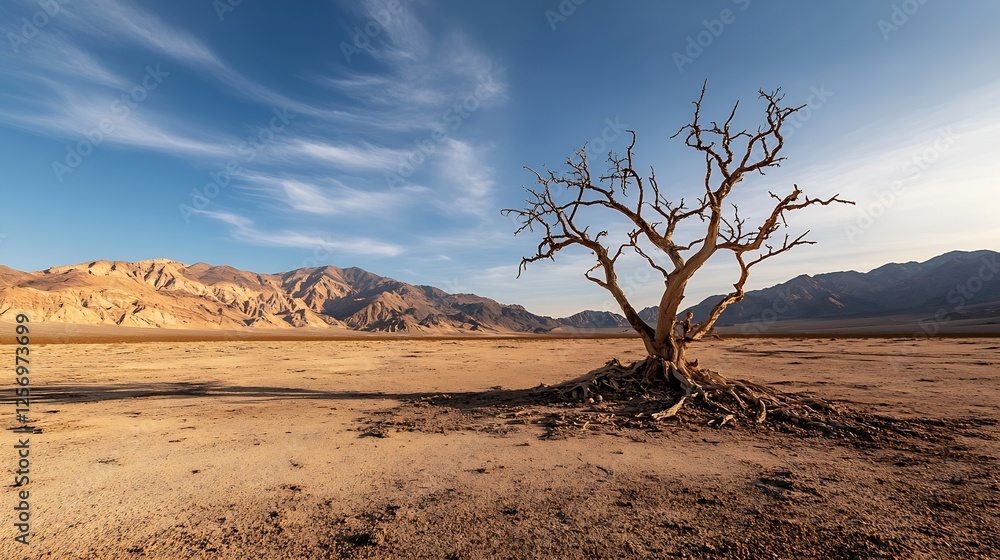 Poster lone tree standing in a barren landscape showcasing resilience and the beauty of desolation : genera