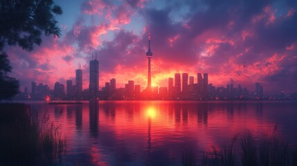 Fototapeta premium Vibrant sunset over a city skyline reflecting on water, with clouds and silhouettes of buildings