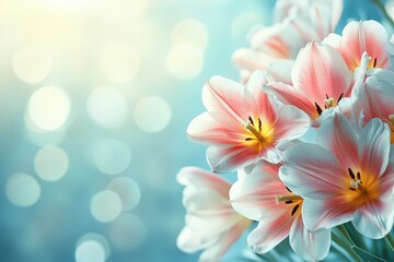 Fototapeta premium Serene Pink and White Tulips Against Soft Bokeh Background in Gentle Morning Light