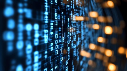 Intricate patterns of blue light and binary numbers form a digital landscape : Generative AI