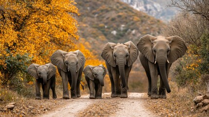Obraz premium Elephant family autumn road walk nature wildlife