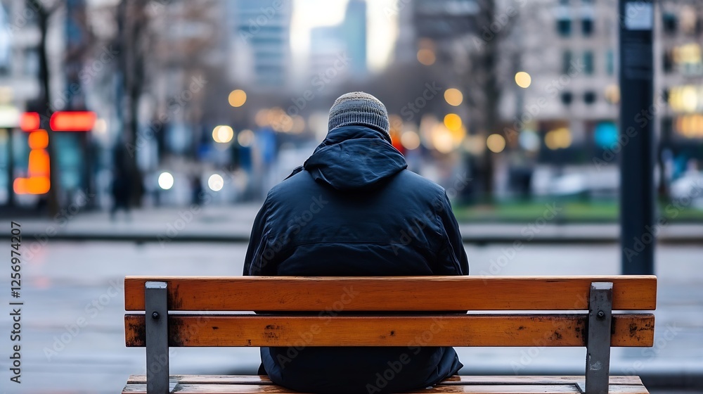 Poster Contemplative individual sitting alone on a park bench with urban backdrop during an overcast day : Generative AI