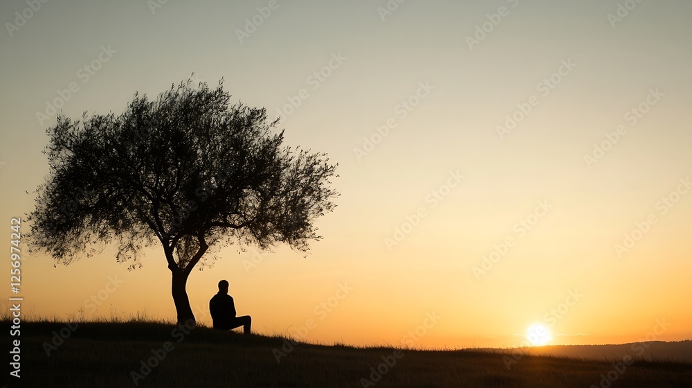Poster a serene silhouette of a person seated under a tree against a vibrant sunset sky representing tranqu
