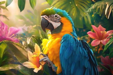 Obraz premium Vibrant Macaw Parrot Perched Amongst Lush Tropical Flowers and Foliage in a Sunny Garden