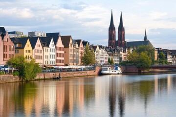 Naklejka premium Scenic Riverfront View of Historic Architecture and Church Spires