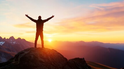 Fototapeta premium Silhouetted Person on Mountain Peak with Outstretched Arms Against a Stunning Sunset Horizon : Generative AI