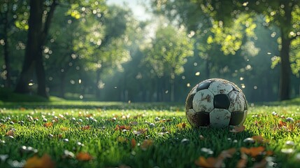 Classic Soccer Ball Resting on a Lush Green Field