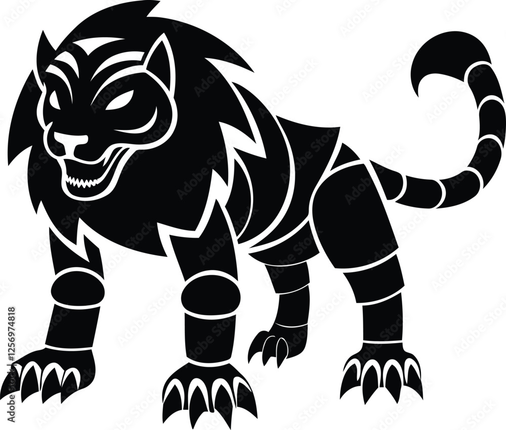 Poster modern robotic tiger in a fierce crouching pose isolated vector icon, robotic tiger in a fierce crou