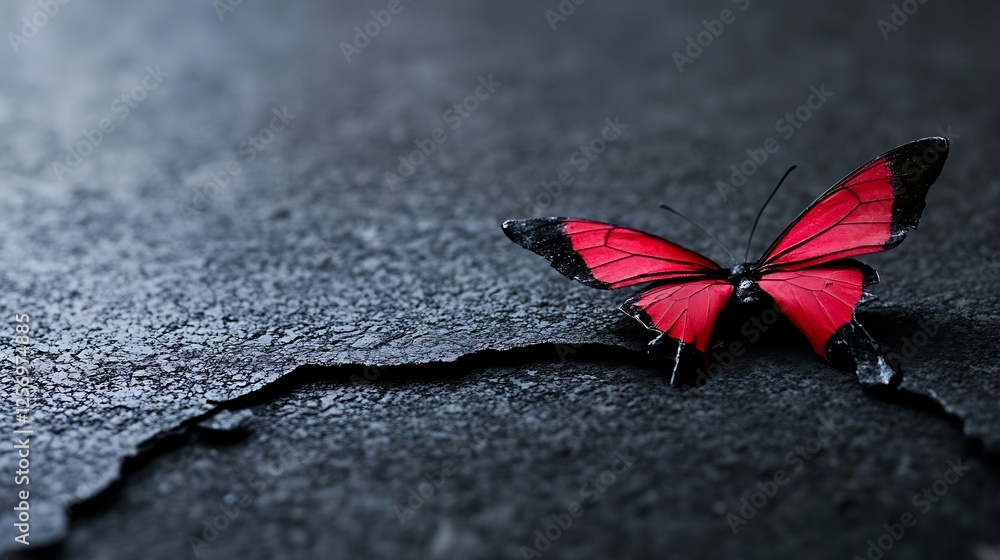 Poster vibrant red butterfly resting on cracked concrete surface : generative ai