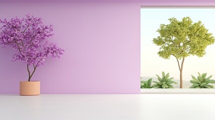 Obraz premium Modern interior with a purple wall, potted flowering tree, and a scenic view of greenery outside