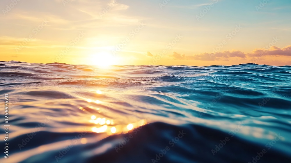 Aufkleber peaceful ocean waves at sunset with glowing reflection on water surface : generative ai