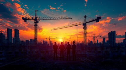 Engineers sunset city construction teamwork