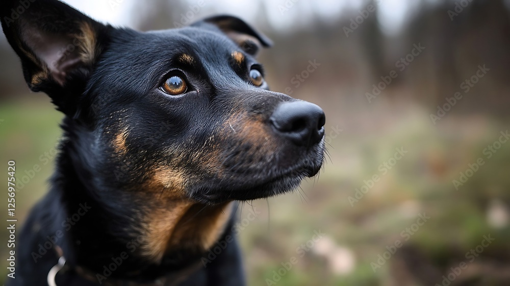 Aufkleber close up portrait of a loyal black dog with intelligent expression in outdoor setting : generative a