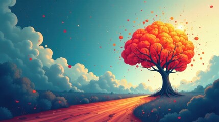 Autumnal Tree with Falling Leaves on a Path Towards the Setting Sun