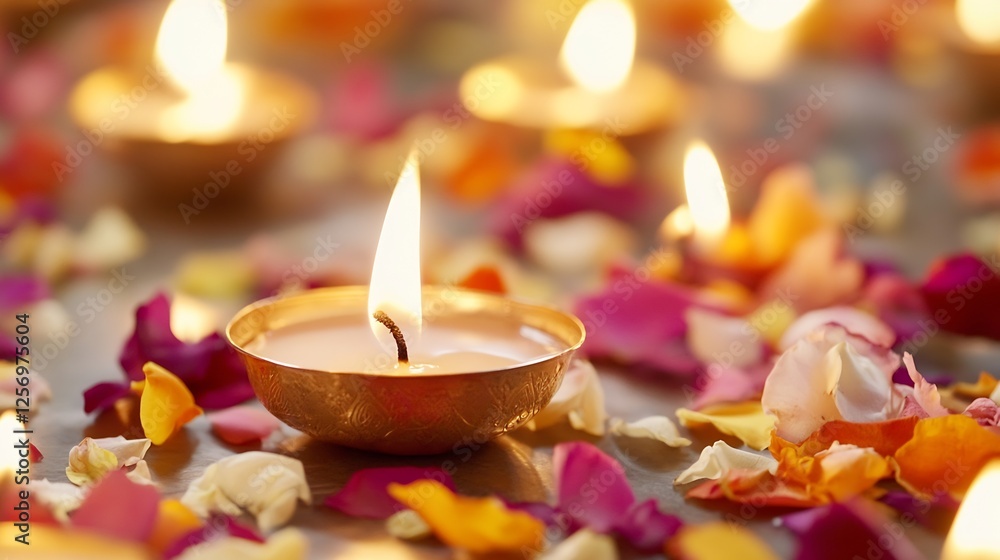 Poster Glistening Floating Candles Surrounded by Colorful Petals Creating a Relaxing Atmosphere : Generative AI